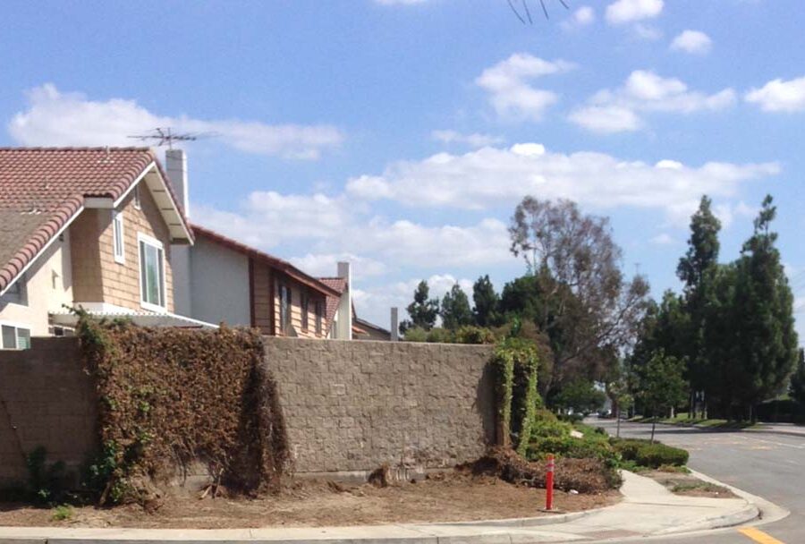 Old freestanding wall that will be demolished because the unlicensed contractor that built it never grouted it. It is unsafe because it started showing cracks of failure at the ends of the wall. Pacificland Constructors