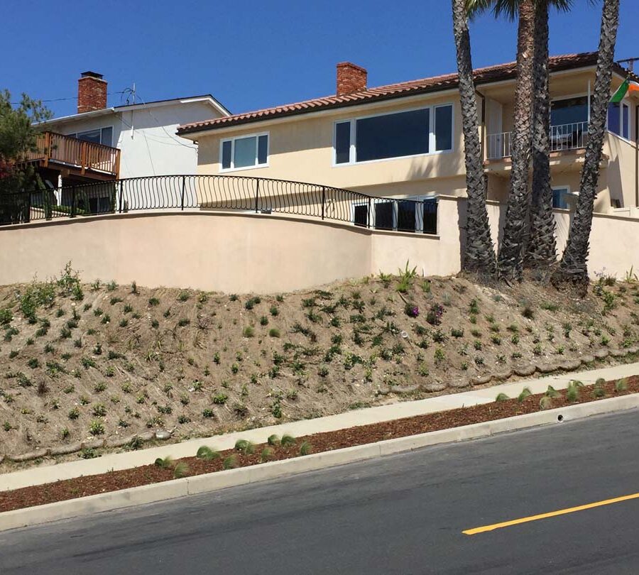 New retaining wall creating more flat area for a pool deck while simultaneously creating an open view for the owner. New plants with a drop system was installed. Pacificland Constructors