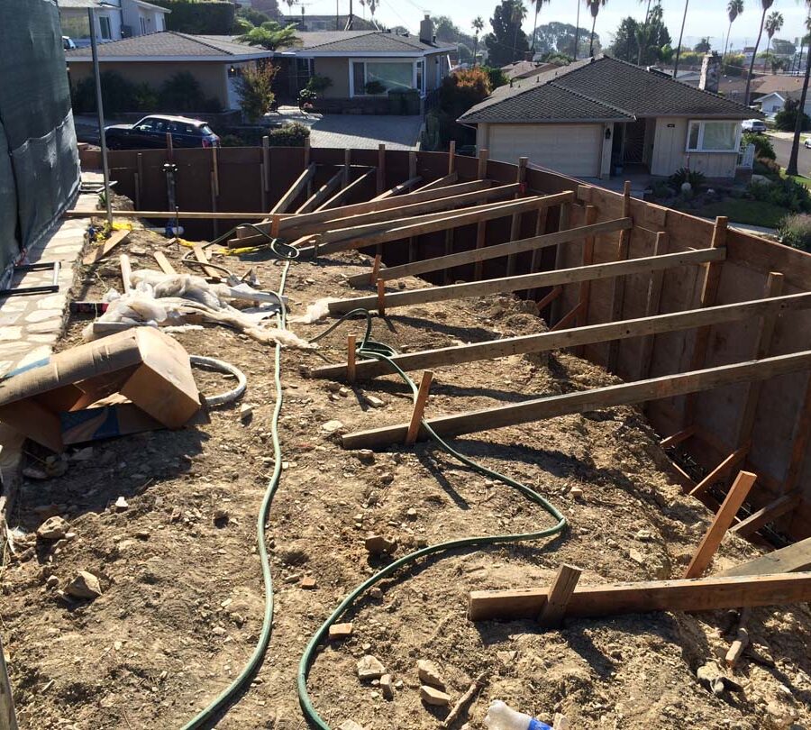 Construction Framework for a new retaining wall. Pacificland Constructors