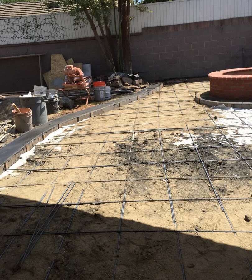 Rebar Steel reinforcement construction for a new stamped concrete patio. Pacificland Constructors