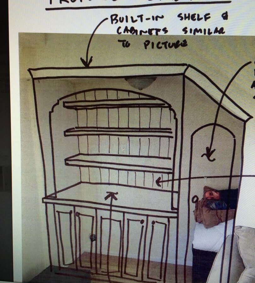 The owner’s plans for a wooden drawer under the stairs of the home. Pacificland Constructors