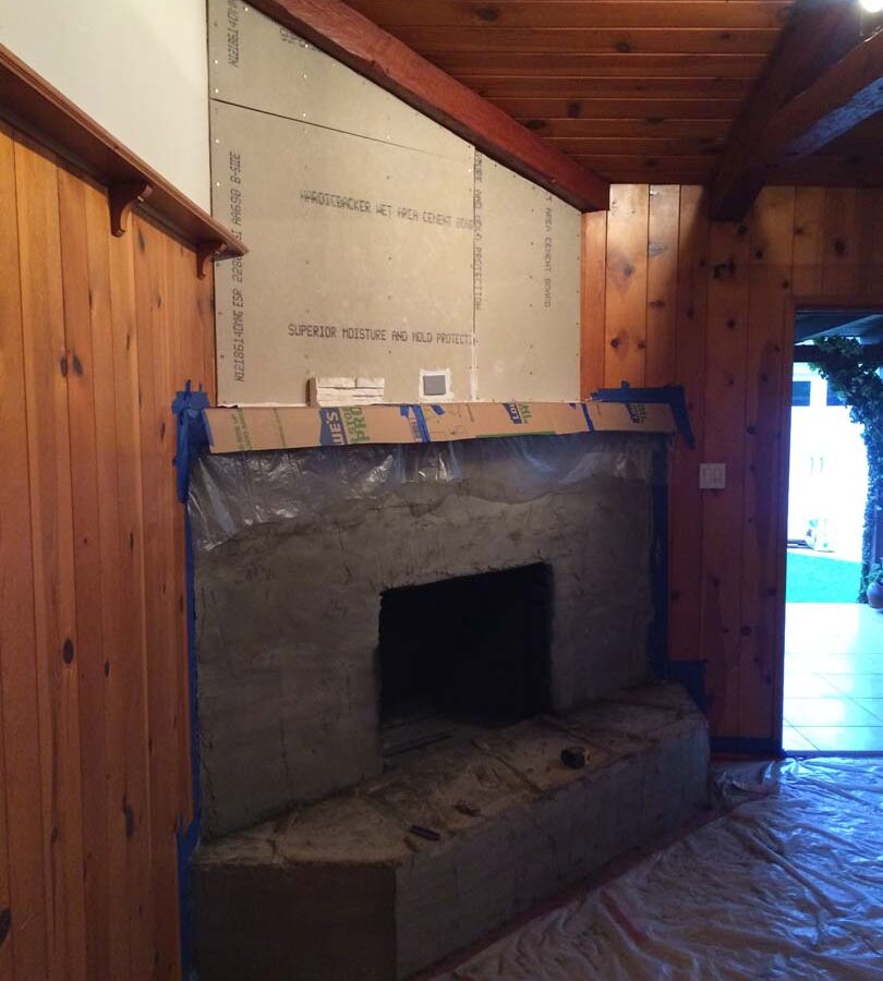 Fireplace remodel prior to installing a marble/granite outer hearth and stone veneer. Pacificland Constructors