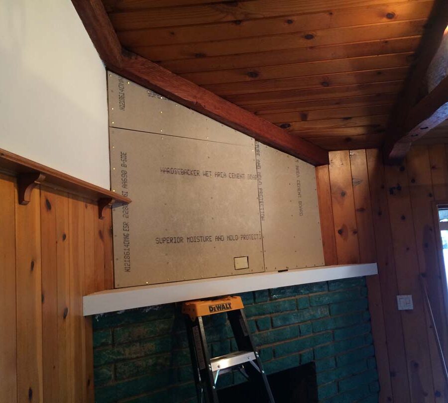 Old fireplace that was remodeled by Pacificland Constructors. It was sealed with a motar coating and reinforcement for new stone veneer.