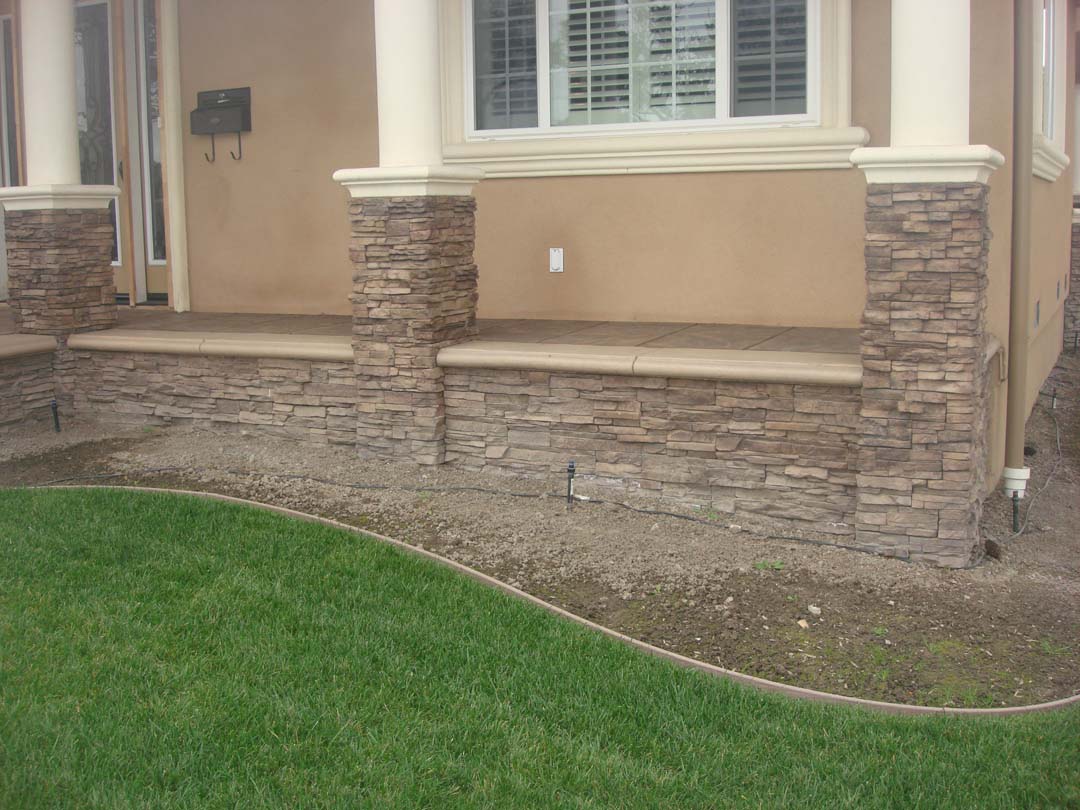 Stone Veneer Contractor Masonry Concrete Block Pavers New Front Patio Cover With Stone Veneer On The Columns Stained Concrete And Capped