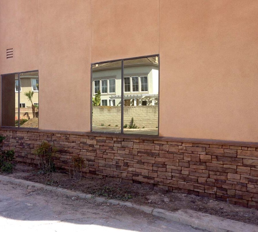 Stone veneer at the exterior of a commercial building.