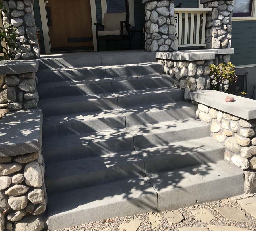 New front yard stone and concrete work for the entrance of a home in Eagle Rock, Los Angeles, CA. Joints are saw cut to control cracks. Pacificland Constructors