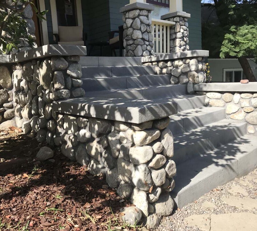 New front yard concrete work, flagstone work, and stone work for the entrance of a home in Eagle Rock, Los Angeles, CA. Pacificland Constructors