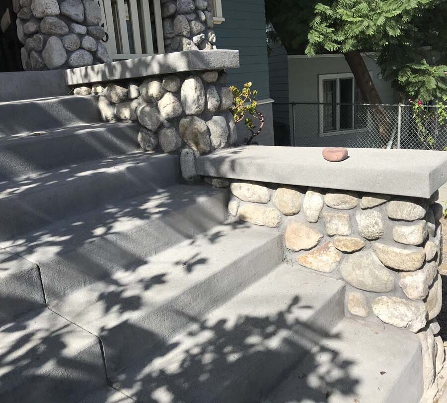 New front yard stone and concrete work for the entrance of a home in Eagle Rock, Los Angeles, CA. Joints are saw cut to control cracks. Pacificland Constructors